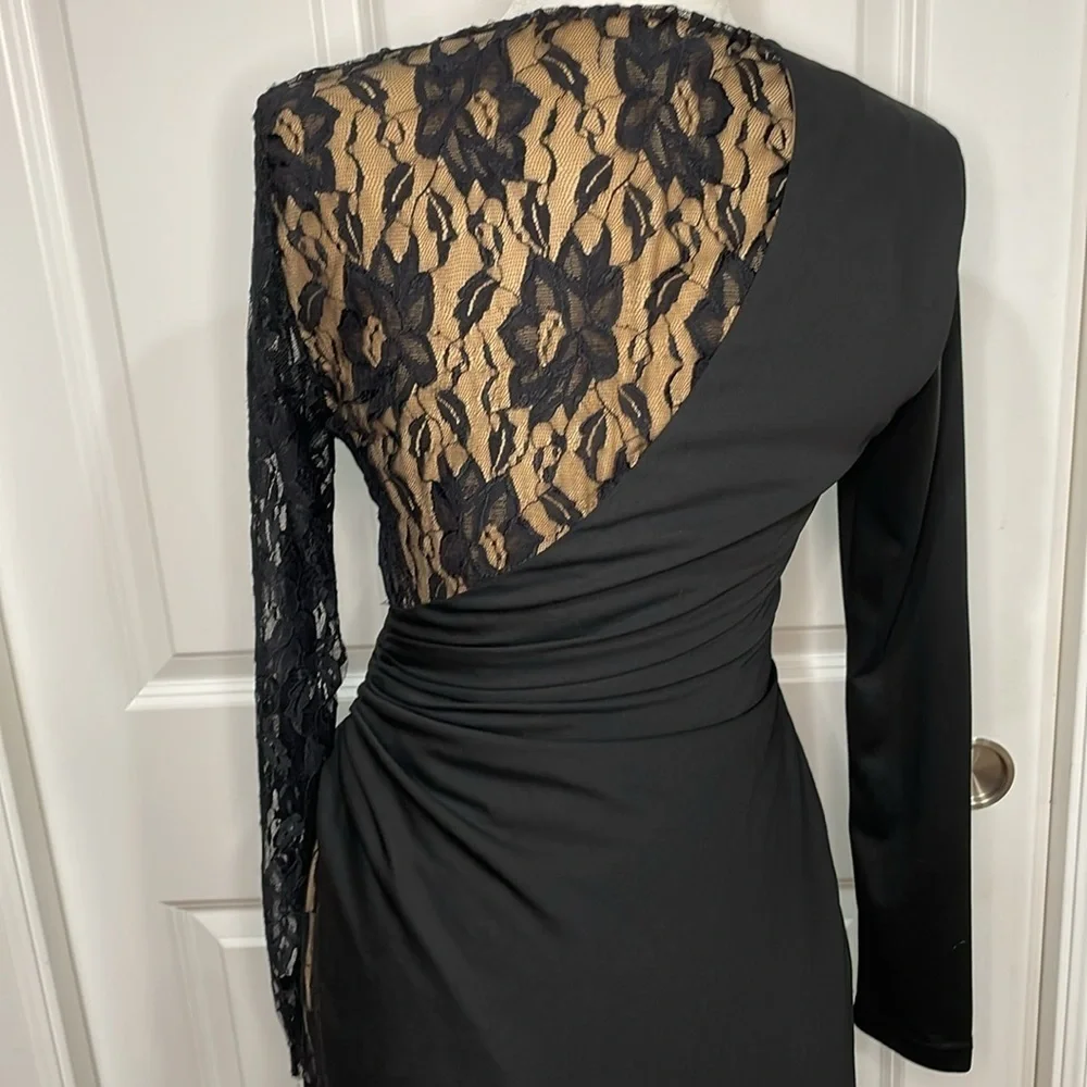Parker Black Label Azulejo Maxi Dress Sz 8 Lace Slit V Neck Black Evening Party